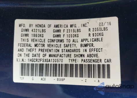 2016 Honda Accord Sport из США, поврежденный, VIN 1HGCR2F5XGA130570